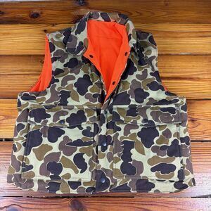 Vtg Duck Camo 80s/90's Puffer Vest Reversible Orange Insulated Sz M Thick/Heavy